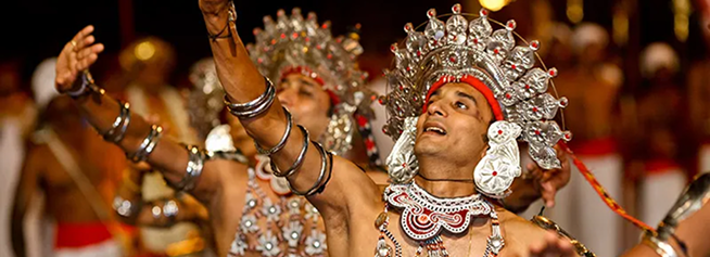 Traditional Kandyan dancers performing in ritual regalia